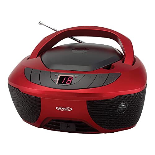 Jensen CD-475R Portable Sport Stereo Boombox CD Player with AM/FM Radio and Aux Line-in & Headphone Jack (Red)