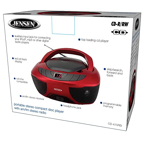 Jensen CD-475R Portable Sport Stereo Boombox CD Player with AM/FM Radio and Aux Line-in & Headphone Jack (Red)