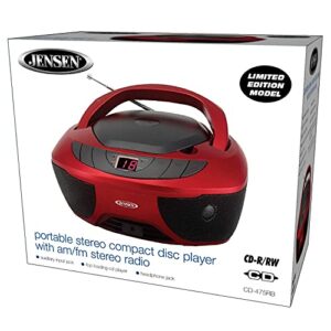 Jensen CD-475R Portable Sport Stereo Boombox CD Player with AM/FM Radio and Aux Line-in & Headphone Jack (Red)