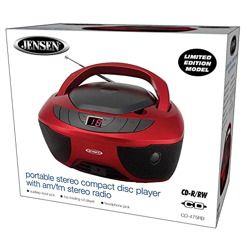 Jensen CD-475R Portable Sport Stereo Boombox CD Player with AM/FM Radio and Aux Line-in & Headphone Jack (Red)