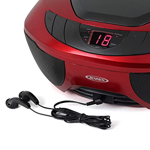 Jensen CD-475R Portable Sport Stereo Boombox CD Player with AM/FM Radio and Aux Line-in & Headphone Jack (Red)