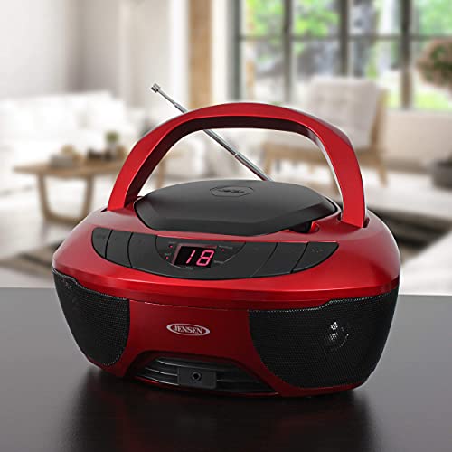 Jensen CD-475R Portable Sport Stereo Boombox CD Player with AM/FM Radio and Aux Line-in & Headphone Jack (Red)