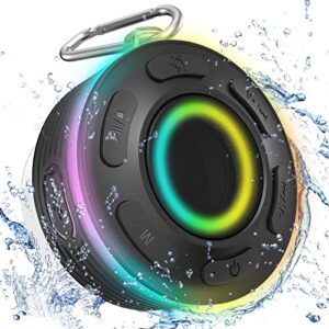 bluetooth shower speaker, ip7 waterproof speakers bluetooth wireless with suction cup, portable speaker 360 hd surround sound, led light wireless speaker dual stereo pairing, built-in mic shower radio