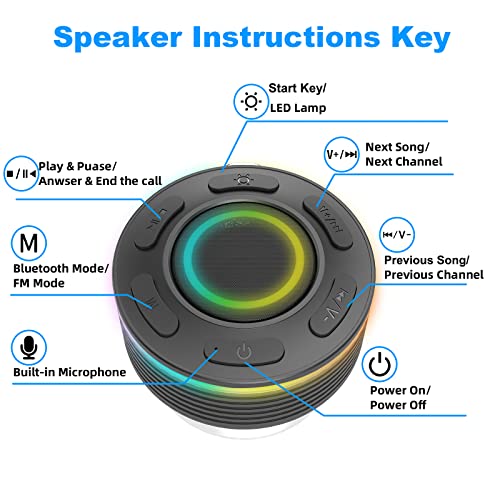 Bluetooth Shower Speaker, IP7 Waterproof Speakers Bluetooth Wireless with Suction Cup, Portable Speaker 360 HD Surround Sound, LED Light Wireless Speaker Dual Stereo Pairing, Built-in Mic Shower Radio