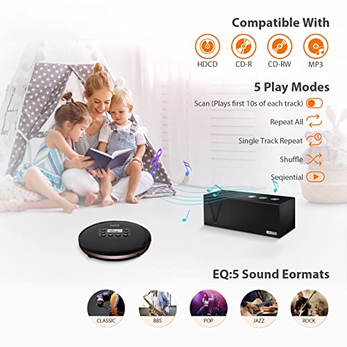 CD Player Portable with Bluetooth, Rechargeable Portable CD Player for Car and Home, Walkman CD Player with Headphones and AUX Cable for Travel, Discman CD Player with Anti-Skip Shockproof, Black