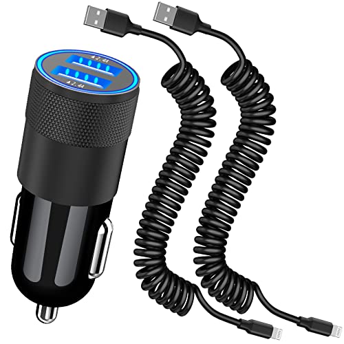 [Apple MFi Certified] iPhone Fast Car Charger, 2Pack Retractable Coiled Lightning Cables for 4.8A/24W Dual Port USB Power Rapid Car Charger Quick Charging for iPhone 14/13/12/11 Pro Max/X/XS/XR/8/7