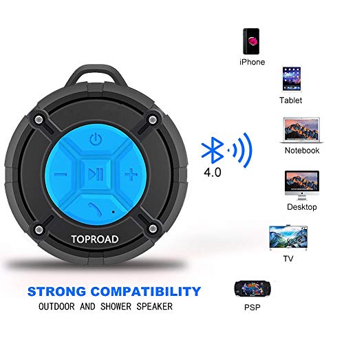 TOPROAD Portable Shower Speaker, IPX7 Waterproof Wireless Outdoor Speaker with HD Sound, 2 Suction Cups, Built-in Mic, Hands-Free Speakerphone for Bathroom, Pool, Beach, Hiking, Bicycle