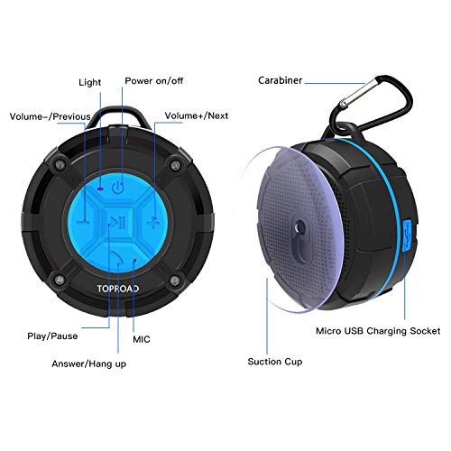 TOPROAD Portable Shower Speaker, IPX7 Waterproof Wireless Outdoor Speaker with HD Sound, 2 Suction Cups, Built-in Mic, Hands-Free Speakerphone for Bathroom, Pool, Beach, Hiking, Bicycle