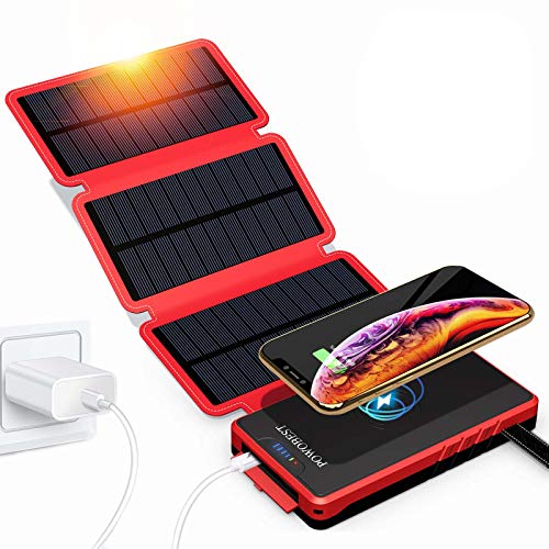 POWOBEST Solar Phone Charger,Solar Charger Power Bank,Outdoor Solar Cellphone Power Bank,High-Speed Charging，Portable Power Bank，20000mAh Wireless Portable Solar Power Bank,Solar Panel Charging(Red)