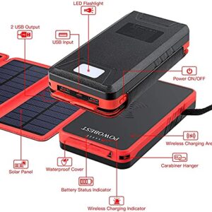 POWOBEST Solar Phone Charger,Solar Charger Power Bank,Outdoor Solar Cellphone Power Bank,High-Speed Charging，Portable Power Bank，20000mAh Wireless Portable Solar Power Bank,Solar Panel Charging(Red)