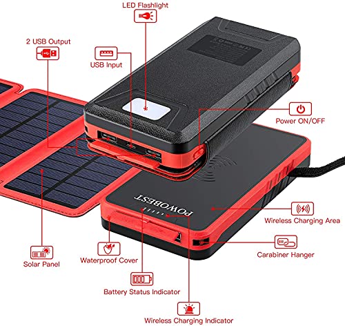 POWOBEST Solar Phone Charger,Solar Charger Power Bank,Outdoor Solar Cellphone Power Bank,High-Speed Charging，Portable Power Bank，20000mAh Wireless Portable Solar Power Bank,Solar Panel Charging(Red)