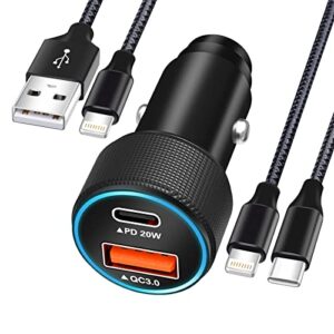 iphone fast car charger[apple mfi certified]apple car charging,38w dual pore usb c car charger adapter with 2 pack lightning cable,pd&qc 3.0 type c car charger for iphone 13/12/11/pro max/airpods/ipad