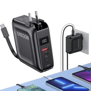 enegon 15000mah portable phone charger, small fast charging power bank with built-in ac wall plug and cable, 3 outputs & dual inputs, usb-c pd&qc 3.0 external battery pack for iphone & android