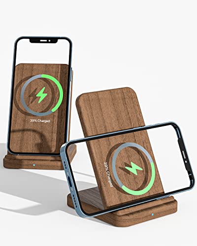 GAMDER Walnut Wood Wireless Charger,15W Max Double Coil Fast Wireless Charging Stand Compatible with iPhone 13/13 Pro Max/12/11/XR/X/8,AirPods Pro,Samsung S22/S21/Note 20 Ultra(No Adapter) (Brown)