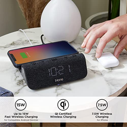 iHome Wireless Charger with Alarm Clock and Night Light, Digital Clock with iPhone Fast Charger, Samsung Fast Charger, and USB Charger for Apple and Samsung Devices