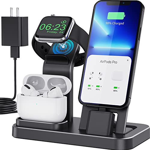 Tadalol Charging Station for Multiple Devices Apple, 3 in 1 Portable Charging Stand for iPhone AirPods iWatch with Magnetic Watch Charger Charging Dock Holder with 12W Adapter and Cable (Black)