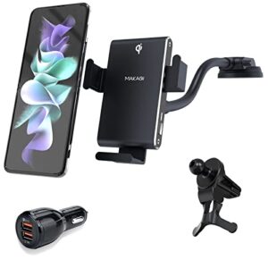wireless car charger for galaxy z flip 4/3/2, makaqi dual coil auto clamping fast charging car mount,dashboard windshield air vent phone holder for iphone13 & galaxy s & note & flip