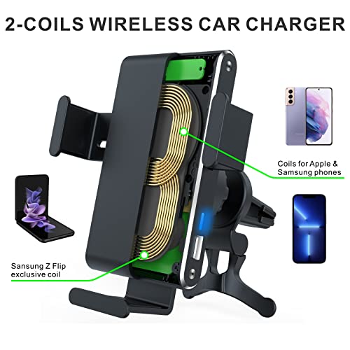 Wireless Car Charger for Galaxy Z Flip 4/3/2, MAKAQI Dual Coil Auto Clamping Fast Charging Car Mount,Dashboard Windshield Air Vent Phone Holder for iPhone13 & Galaxy S & Note & Flip