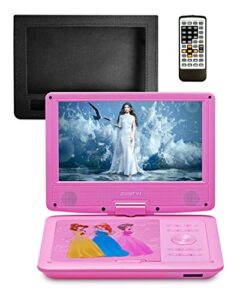 synagy 11″ portable dvd player for kids with 9.5 inch hd swivel screen, car headrest mount holder, rechargeable battery, car charger, wall charger, sd card slot, usb port (pink)