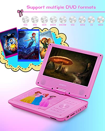 SYNAGY 11" Portable DVD Player for Kids with 9.5 inch HD Swivel Screen, Car Headrest Mount Holder, Rechargeable Battery, Car Charger, Wall Charger, SD Card Slot, USB Port (Pink)