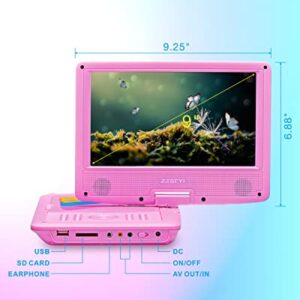 SYNAGY 11" Portable DVD Player for Kids with 9.5 inch HD Swivel Screen, Car Headrest Mount Holder, Rechargeable Battery, Car Charger, Wall Charger, SD Card Slot, USB Port (Pink)