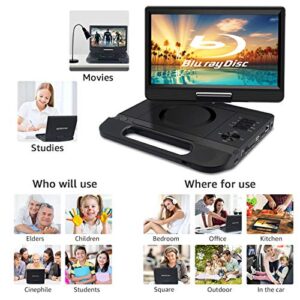 FANGOR 12.5" 1080P Portable Blu-Ray Player with 10.5" HD Swivel Screen, HDMI Out & AV in, Multi Media Player, 5 Hours Rechargeable Battery, Supports USB/SD Card, Last Memory, Region Free