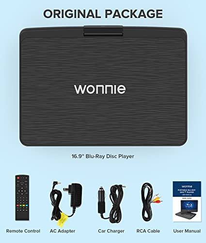 WONNIE 16.9" Portable Blu-Ray DVD Player with 14.1" 1080P Full HD Large Screen, Dolby Audio, 4 Hrs Rechargeable Battery, Support HDMI Out, AV in, USB/SD Card, Last Memory