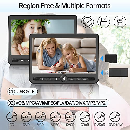 10.5" Dual Portable DVD Player, Arafuna Rechargable Car DVD Player Dual Screen Play A Same or Two Different Movies, Headrest DVD Player for Car with 5-Hour Battery, Support USB/SD, Last Memory