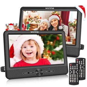 wonnie 10″ car dvd players, portable dvd player dual screen play two different or the same movie with 2 headrest mount, 5 hours rechargeable battery, last memory, av out&in, support usb/sd/sync tv