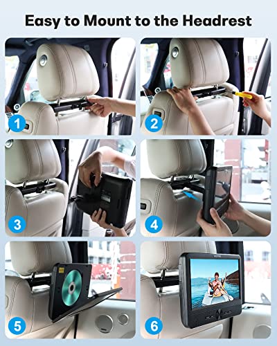 WONNIE 10" Car DVD Players, Portable DVD Player Dual Screen Play Two Different or The Same Movie with 2 Headrest Mount, 5 Hours Rechargeable Battery, Last Memory, AV Out&in, Support USB/SD/Sync TV