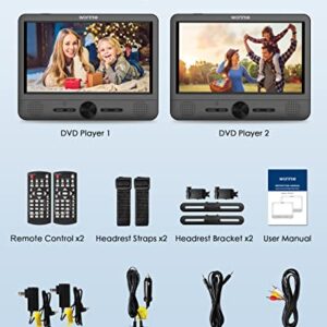 WONNIE 10" Car DVD Players, Portable DVD Player Dual Screen Play Two Different or The Same Movie with 2 Headrest Mount, 5 Hours Rechargeable Battery, Last Memory, AV Out&in, Support USB/SD/Sync TV