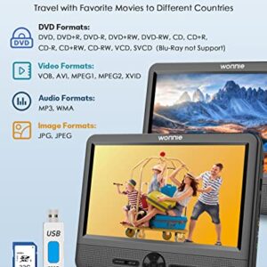 WONNIE 10" Car DVD Players, Portable DVD Player Dual Screen Play Two Different or The Same Movie with 2 Headrest Mount, 5 Hours Rechargeable Battery, Last Memory, AV Out&in, Support USB/SD/Sync TV