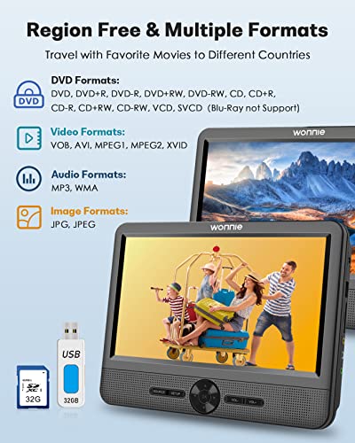 WONNIE 10" Car DVD Players, Portable DVD Player Dual Screen Play Two Different or The Same Movie with 2 Headrest Mount, 5 Hours Rechargeable Battery, Last Memory, AV Out&in, Support USB/SD/Sync TV