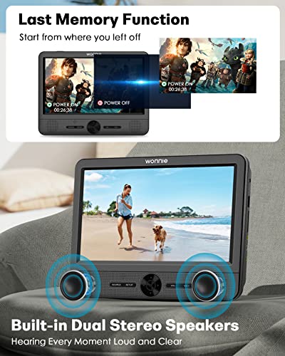 WONNIE 10" Car DVD Players, Portable DVD Player Dual Screen Play Two Different or The Same Movie with 2 Headrest Mount, 5 Hours Rechargeable Battery, Last Memory, AV Out&in, Support USB/SD/Sync TV