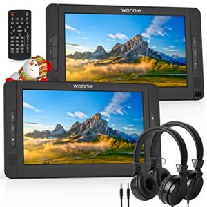 wonnie 10.5″ dual portable dvd player for car, headrest kids cd players with two headphones built-in 5 hours rechargeable battery, support usb/sd/mmc,av out & in,regions free (1 player+1 monitor)