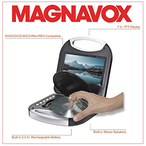 Magnavox MTFT750-BK Portable 7 inch TFT DVD/CD Player with Remote Control and Car Adapter in Black | Rechargeable Battery | Headphone Jack | Built-In Speakers |