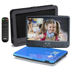 sunpin 12.5″ portable dvd player for car and kids, 10.1″ swivel hd screen with 5 hours built-in battery, car headrest holder, dual headphone jacks, support usb/sd card/sync tv/all regions discs, blue
