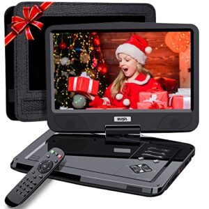12.5″ portable dvd player with 10.5″ swivel hd screen, 5-hour rechargeable battery, dual headphone jacks, car headrest case, car charger, region free, support usb/sd card/sync tv/multiple disc formats