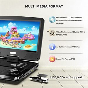 12.5" Portable DVD Player with 10.5" Swivel HD Screen, 5-Hour Rechargeable Battery, Dual Headphone Jacks, Car Headrest Case, Car Charger, Region Free, Support USB/SD Card/Sync TV/Multiple Disc Formats
