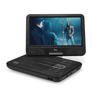 impecca portable dvd player 10.1” flip and swivel screen, usb port and sd/sdhc card slot, remote, headphone jack, car charger and power adapter, region free – black
