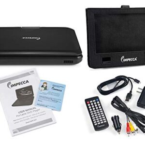 Impecca Portable DVD Player 10.1” Flip and Swivel Screen, USB Port and SD/SDHC Card Slot, Remote, Headphone Jack, Car Charger and Power Adapter, Region Free - Black