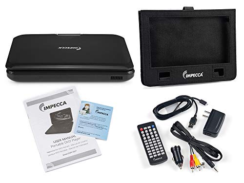 Impecca Portable DVD Player 10.1” Flip and Swivel Screen, USB Port and SD/SDHC Card Slot, Remote, Headphone Jack, Car Charger and Power Adapter, Region Free - Black