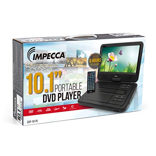 Impecca Portable DVD Player 10.1” Flip and Swivel Screen, USB Port and SD/SDHC Card Slot, Remote, Headphone Jack, Car Charger and Power Adapter, Region Free - Black