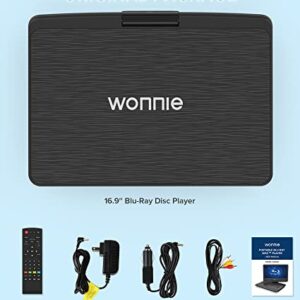 WONNIE 16.9" Portable Blu-Ray DVD Player with 14.1" 1080P Full HD Large Swivel Screen, Dolby Audio Sound, 4 Hrs Rechargeable Battery, Support Last Memory, HDMI Out, AV in, USB/SD Card, Sync TV