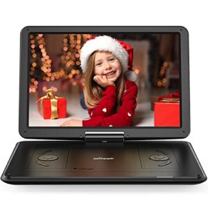 𝐢𝐞𝐆𝐞𝐞𝐤 16.9” portable dvd player with 14.1”swivel screen, 6 hrs rechargeable battery, car travel dvd player for kids, sync tv, region free, support usb/sd card, car charger, black