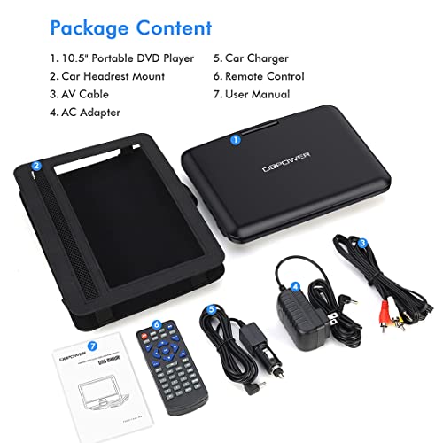 Portable DVD Player with 10.5" HD Screen by DBPOWER, Support Rechargeable,Multiple Disc Formats, USB/SD Card,with High Volume Speaker