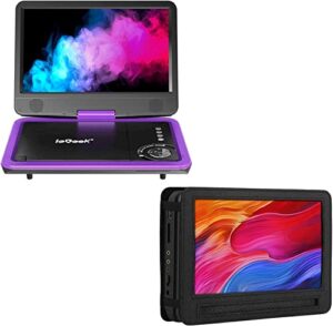 iegeek 12.5″ purple portable dvd player and car headrest mount holder strap case, car travel dvd players 5 hrs rechargeable battery, region-free video player for kids elderly, remote control, sync tv