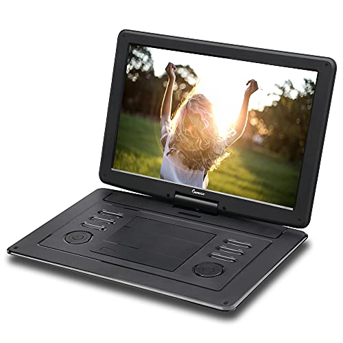 Impecca DVP-1560 15.6” Portable DVD Player HD 1280x800, DVD Player for Car, Kids & TV with 5 Hours Rechargeable Battery, Supports DVD/CD/USB/SD formats, and Connect to DVR/VCR/TV/Blue-ray/AV Input.