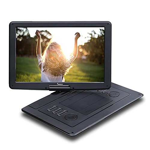 Impecca DVP-1560 15.6” Portable DVD Player HD 1280x800, DVD Player for Car, Kids & TV with 5 Hours Rechargeable Battery, Supports DVD/CD/USB/SD formats, and Connect to DVR/VCR/TV/Blue-ray/AV Input.