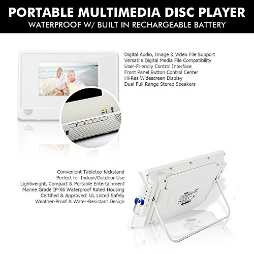 Pyle Portable Waterproof Multimedia Disc Player - 7in Screen White Digital Music Audio Video Player w/ Dual Stereo Speakers, CD DVD Tray, RCA, USB, Rechargeable Battery, Headphones, Remote PLMRDV74